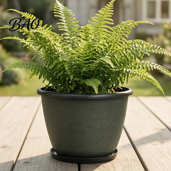 Garden Flower Pots with Trays 12 Inch Thickened for Outdoor Indoor, Plastic Leaf-Pattern Texture Large Planters Planter Drainage Hole & Saucer,
