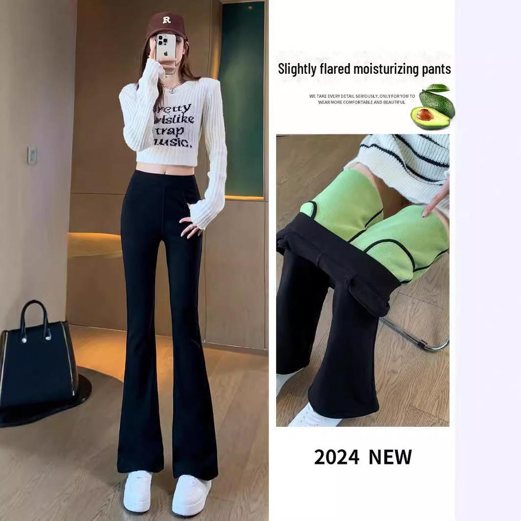 High-Waist Black Plush Flared Pants for Women - Slim-Fitting, Elastic, Avocado Color, Ideal for Autumn/Winter.