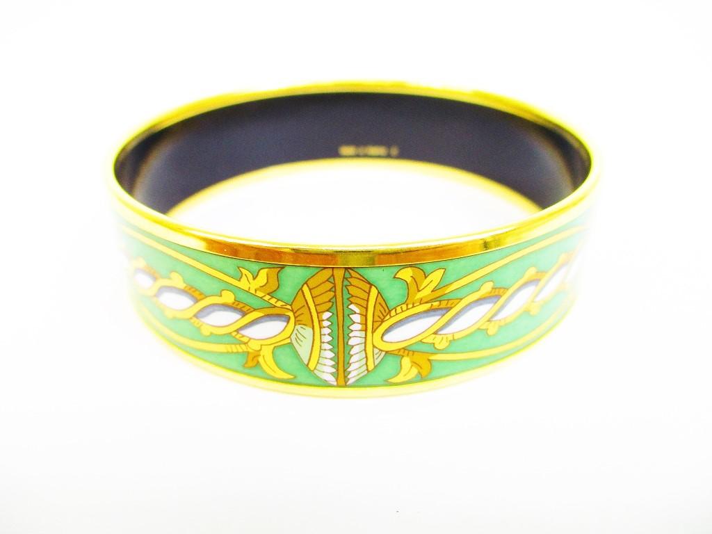 Authentic HERMES Enamel Bangle Bracelet Green Multicolor Emaiyu GM #6652 Refurbished