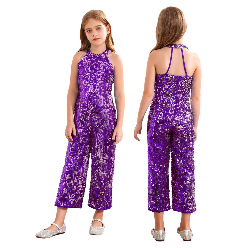 Kids Girls Halter Shiny Sequins Jazz Latin Dance Jumpsuit Sleeveless High Waist Pageant Romper Long Pants