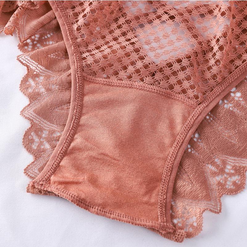 Sexy Mesh Women Lace Underwear Mid-Rise Briefs Hollow Out G String Underpant Solid Comfortable Female Breathable Lingerie