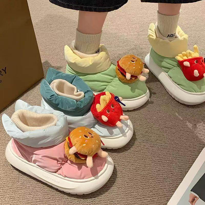 Maillard Burger Fries Cartoon Cotton Shoes Winter Wear Velvet Thickened Girls Snow Boots Cute Warm Shoes