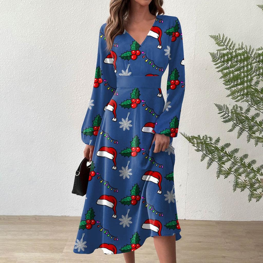 Женское осеннее и зимнее повседневное модное длинное платье с v-образным вырезом и длинным рукавом с рождественским принтом