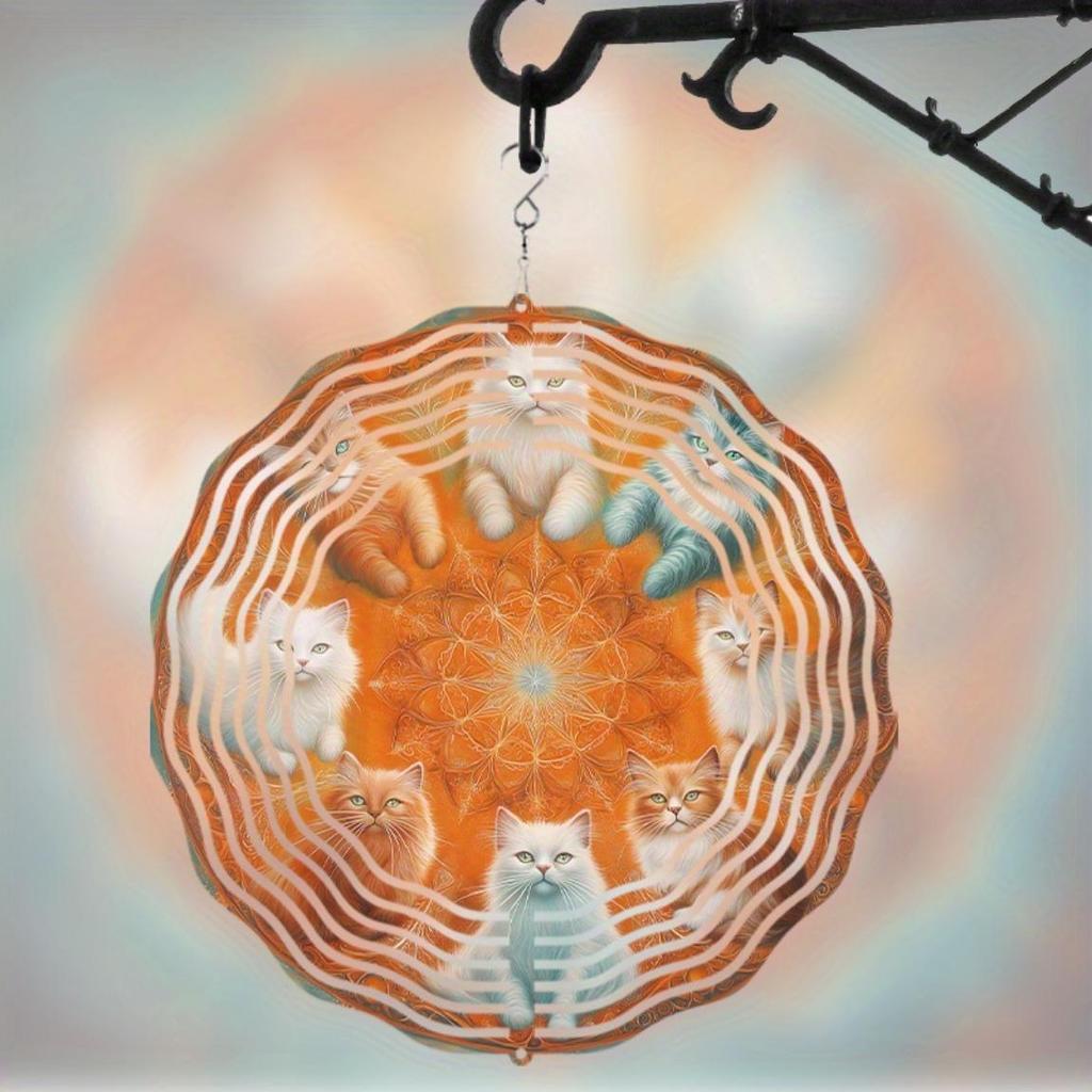 25.4cm Rotating Cat Wind Chime Artistic Metal Garden Decor with Orange and White Cats Perfect Gift for Cat Lovers Year Round Outdoor Hanging Ornament