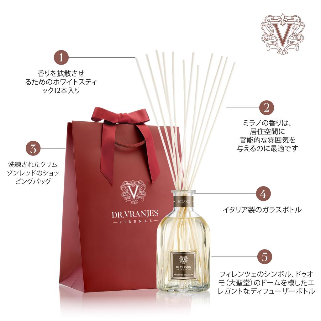 VRANJES Dottor VRANJES Диффузор MILANO 500 мл Ароматизатор для помещений с тростниковым диффузором Пряные ноты Аромат, который улучшает концентрацию Поставляется с элегантным оригинальным