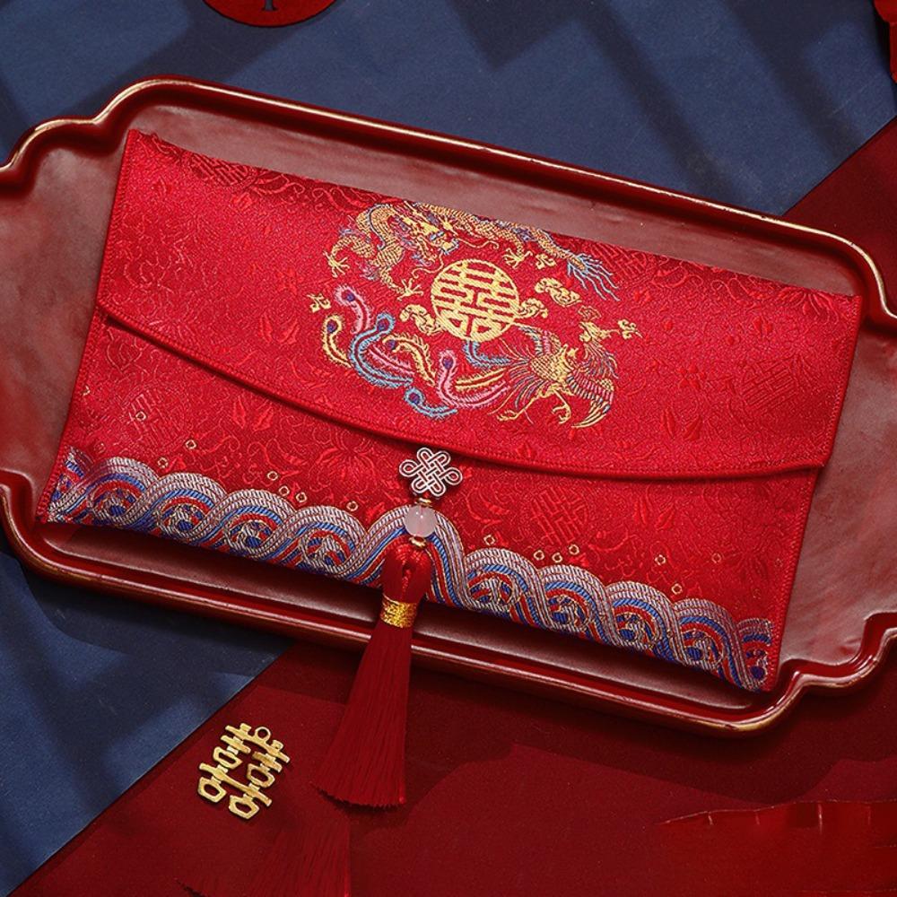 Multiple Patterns Wedding Red Packet Tassel Design Best Wishes Brocade Red Envelope HongBao Embroidery New Year's Blessing Bag