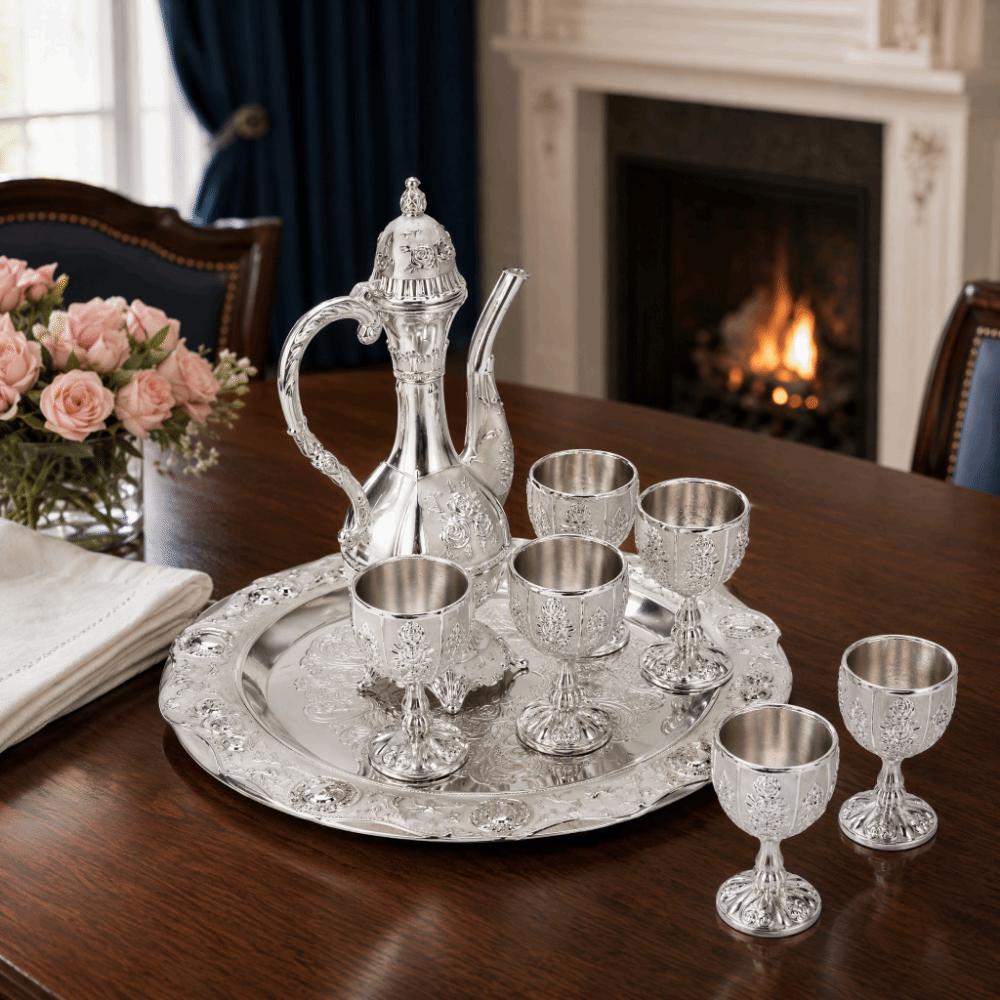 8pcs Embossed Floral Pattern Wine Jug Set Silver White European Wine Glasses Home Decoration