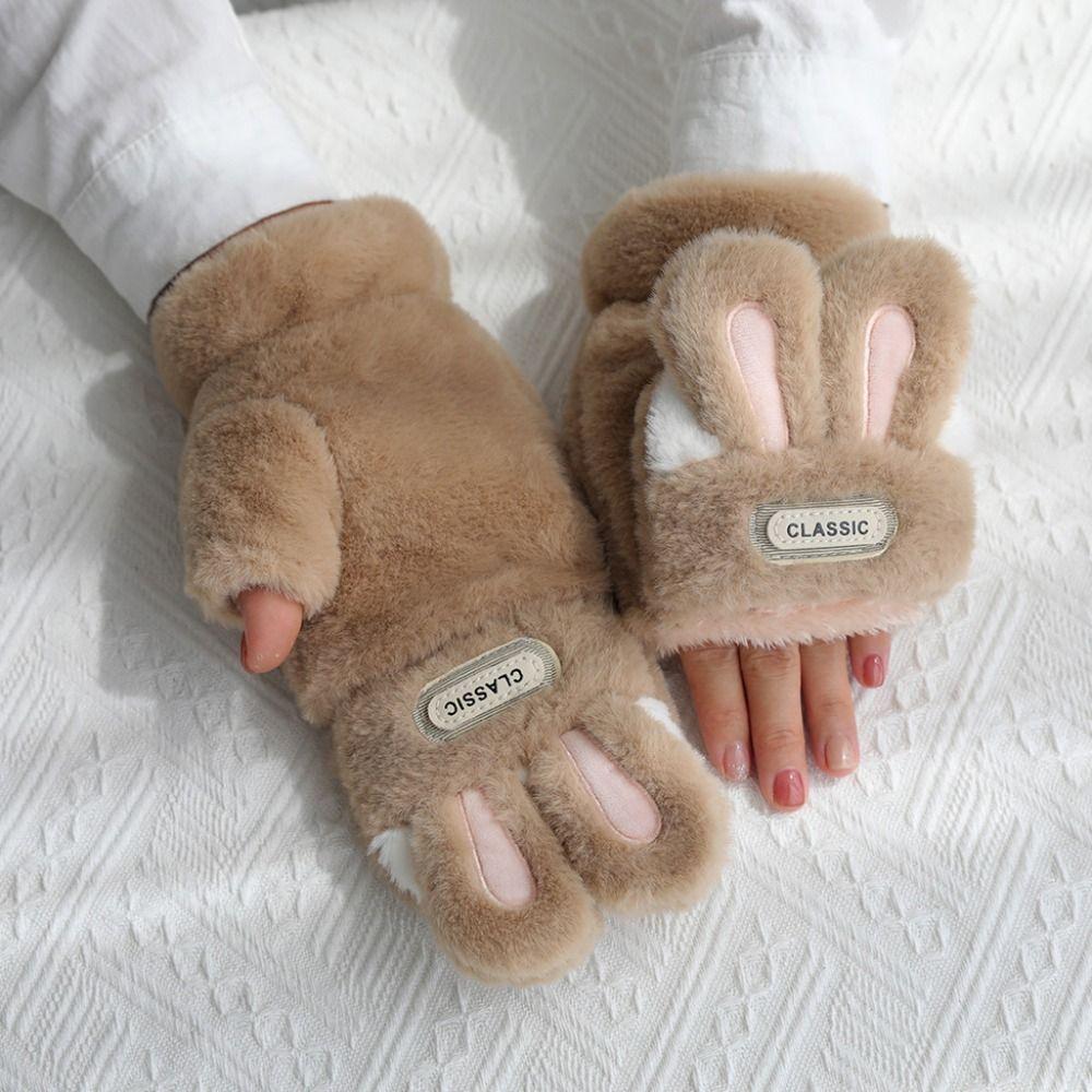 Thickened Half Finger Gloves Cartoon Flip Cover Plush Gloves Gift Rabbit Ears Mittens School