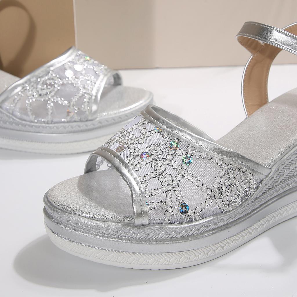 Women's Fashion Silver Wedge Heel Sandals Summer Shiny Crystal Platform Sandals Woman Breathable Mesh Thick Sole Sandalias Mujer