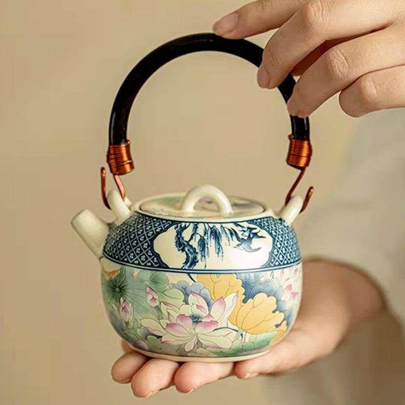 Chinese antique lotus rhyme pastel teapot beam pot bubble teapot ceramic tea set exquisite teapot kung fu tea set single pot