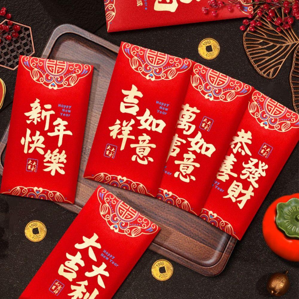 6pcs Traditional 2025 Snake Year Red Packets Blessing Good Luck Pocket Lunar New Year Gifts