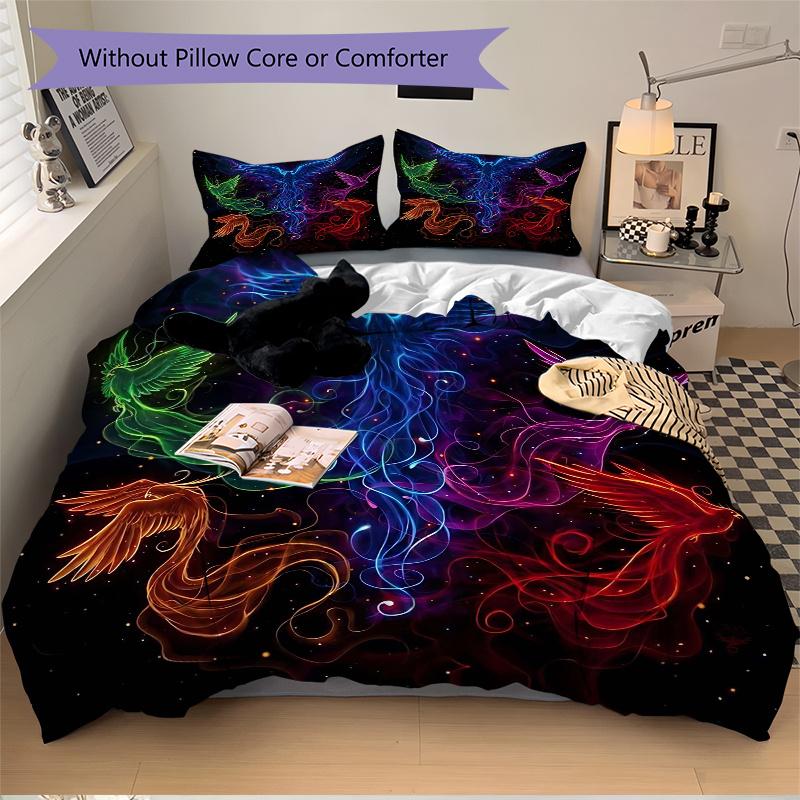 3pcs Multicolored Phoenix Bedding Set, Including 1 Quilt Cover and 2 Pillow Shams, Without Filling, Soft and Comfortable Home Bedroom Fabric, Fas