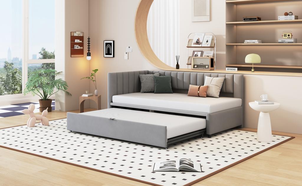 Multifunctional L-Shaped Sofa Bed with Pull-Out Bed 90/180*200cm, Upholstered in Velvet Fabric, Space-Saving Design for Children's Bed, Guest Bed Gray
