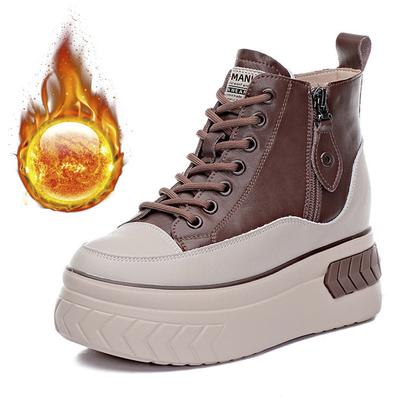 2025 Зимняя Обувь из Натуральной Кожи Женские Снежные Сапоги Плоские Нескользящие Теплые Плюшевые Женские Ботильоны Толстая Подошва Увеличение Высоты 8см