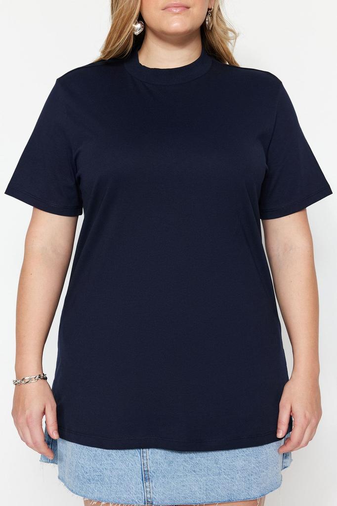 Women's Style Plus Size White Navy Blue Ribbed Collar Boyfriend Knitted T-shirt