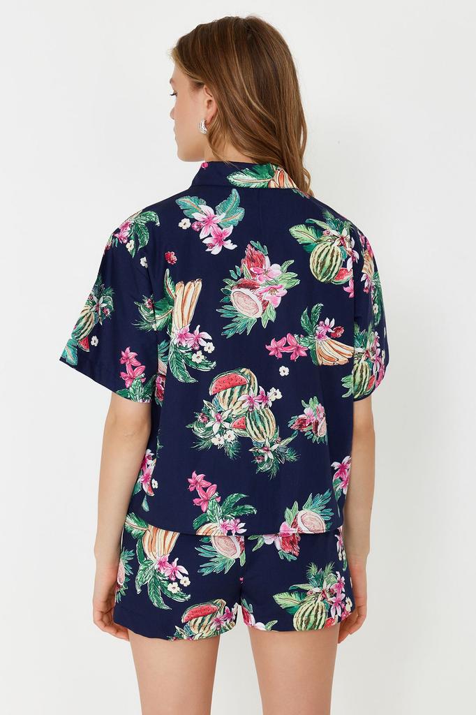 Women's Style Bottom-Top Set Clothes Tropical Patterned Woven Shirt Shorts Set