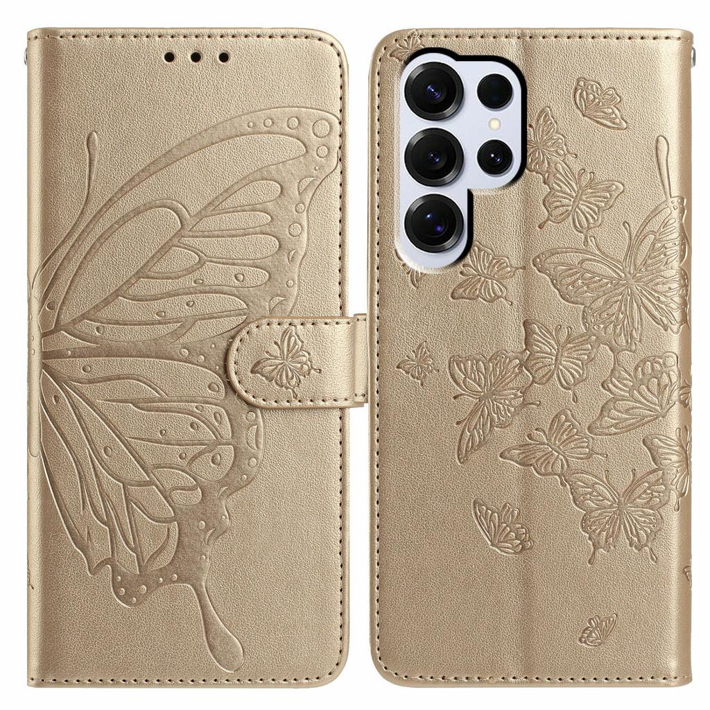 For Samsung Galaxy S25 Ultra Case Butterfly Imprinted Wallet Stand PU Leather Flip Phone Cover with Strap