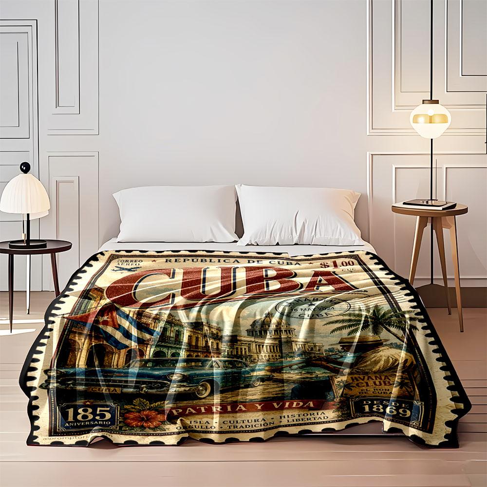 Vintage Cuban-themed stamp featuring classic car, architecture, and culture. for all seasons blanket lunch break throw gift