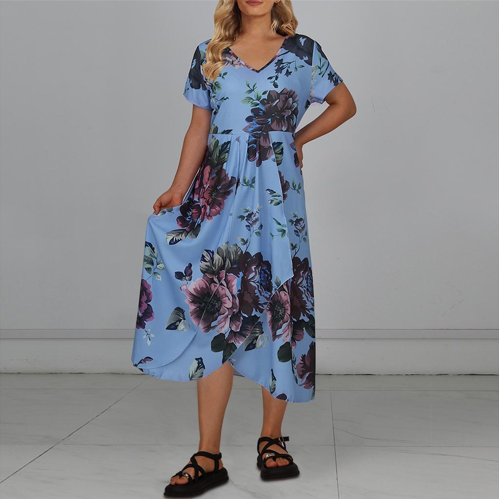 Женское повседневное большое длинное платье с v-образным вырезом и молнией с короткими рукавами и вставками с принтом