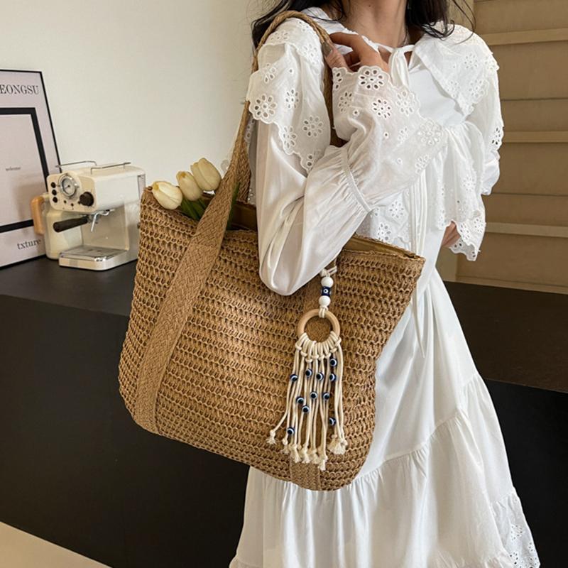 Yogodlns Летняя соломенная большая вместительная женская сумка через плечо с кисточками и плетеной пляжной сумкой-тоут