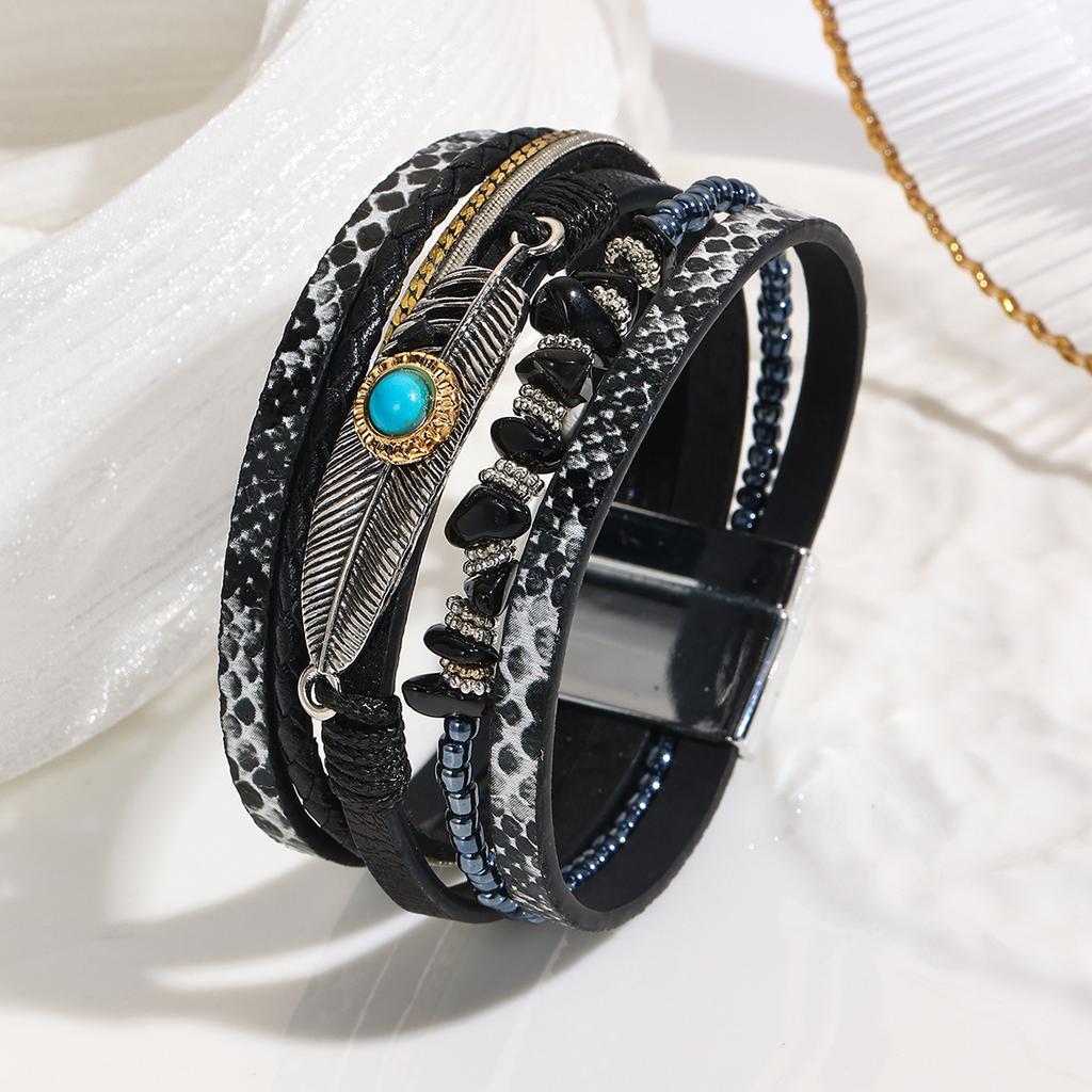 Bohemian Bracelet Gravel Feather Leather Women's Bracelet Vintage Feather Turquoise Magnet Buckle Bracelet