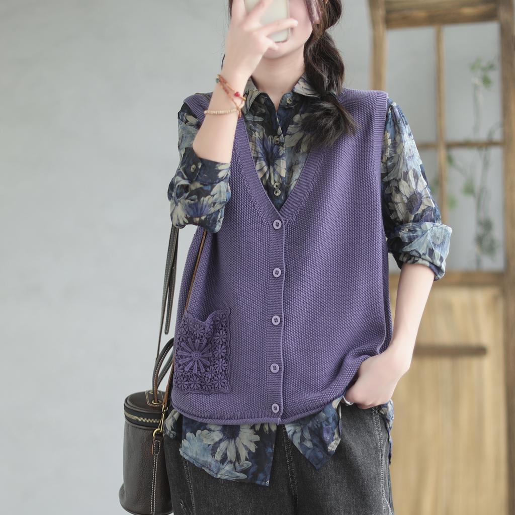 Женская винтажная вышивка V-образный вырез весна осень однобортная женская одежда повседневный вязаный свитер жилет