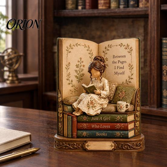 Detailed Wooden Craftsmanship 2D Flat Reading Girl Figurine with Stacked Book Design for Lovers, Small Ornament Bedside Table Decorative Tabletop