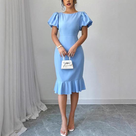 Женские облегающие платья с короткими пышными рукавами, платье миди с круглым вырезом и оборками, юбка «русалка», коктейльное платье для гостьи на свадьбу