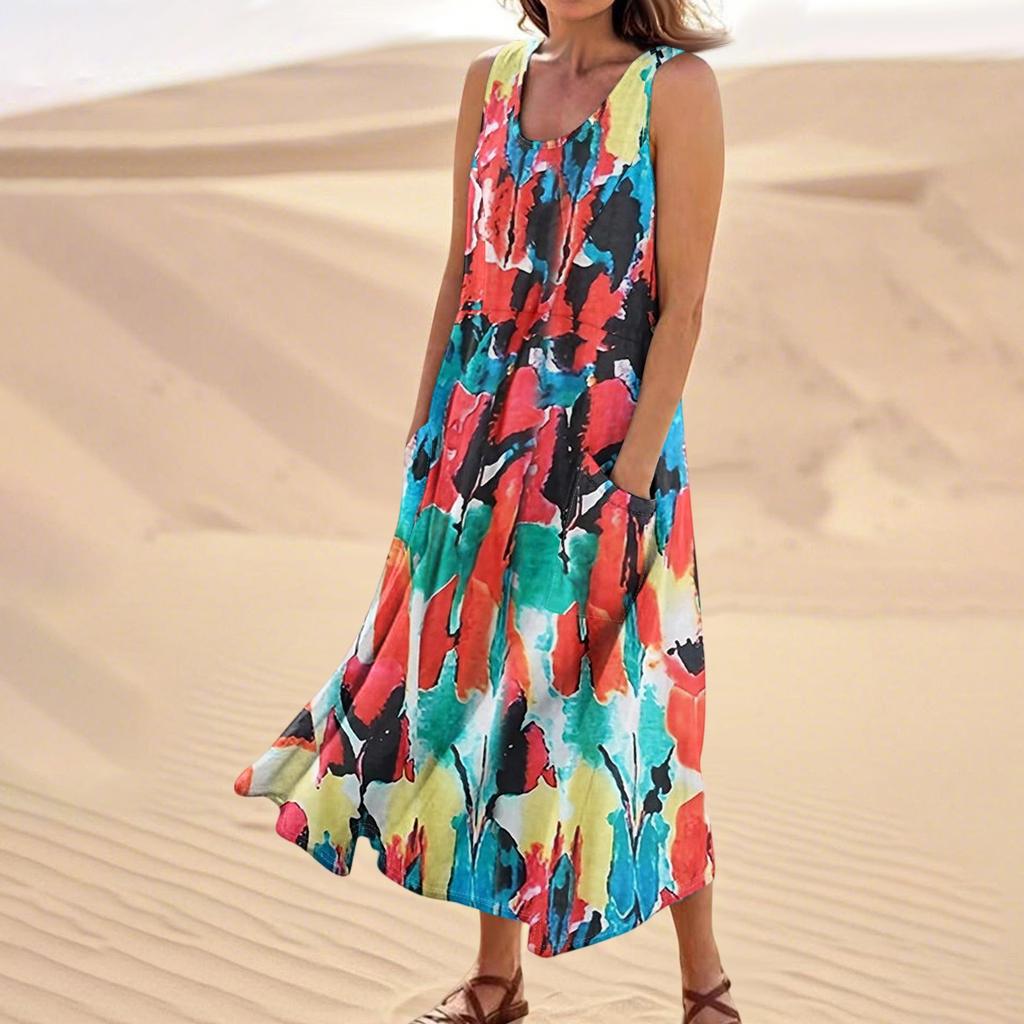 Women's Summer Casual Fashion Flower Printed Sleeveless Pocket Dress