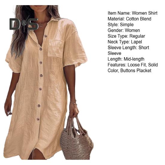 Women Shirt Lapel Short Sleeve Casual Commuter Style Shirt Solid Color Loose Fit Buttons Placket Work Shirt