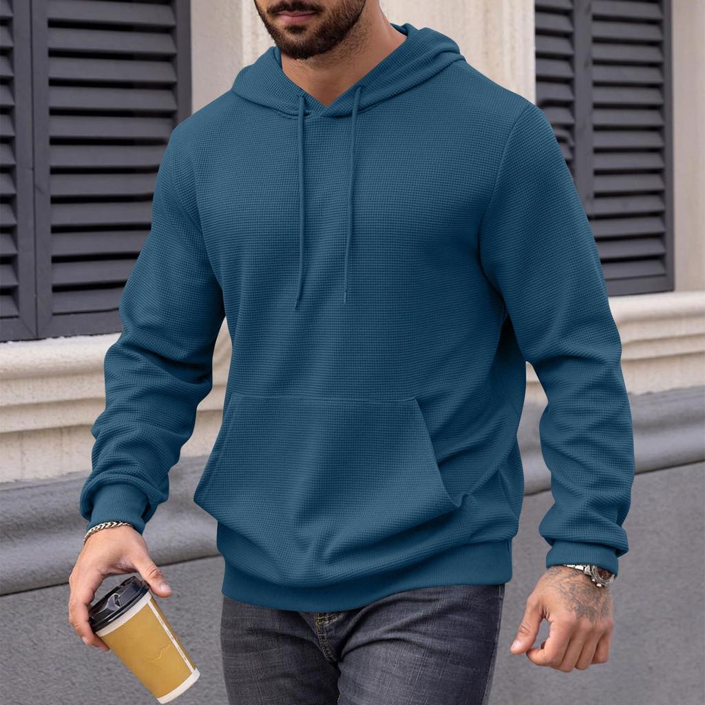Men's Long Sleeve Textured Hooded Sweatshirt Casual Lightweight Hoodies Pullover Drawstring Hoodie With Kanga Pocket