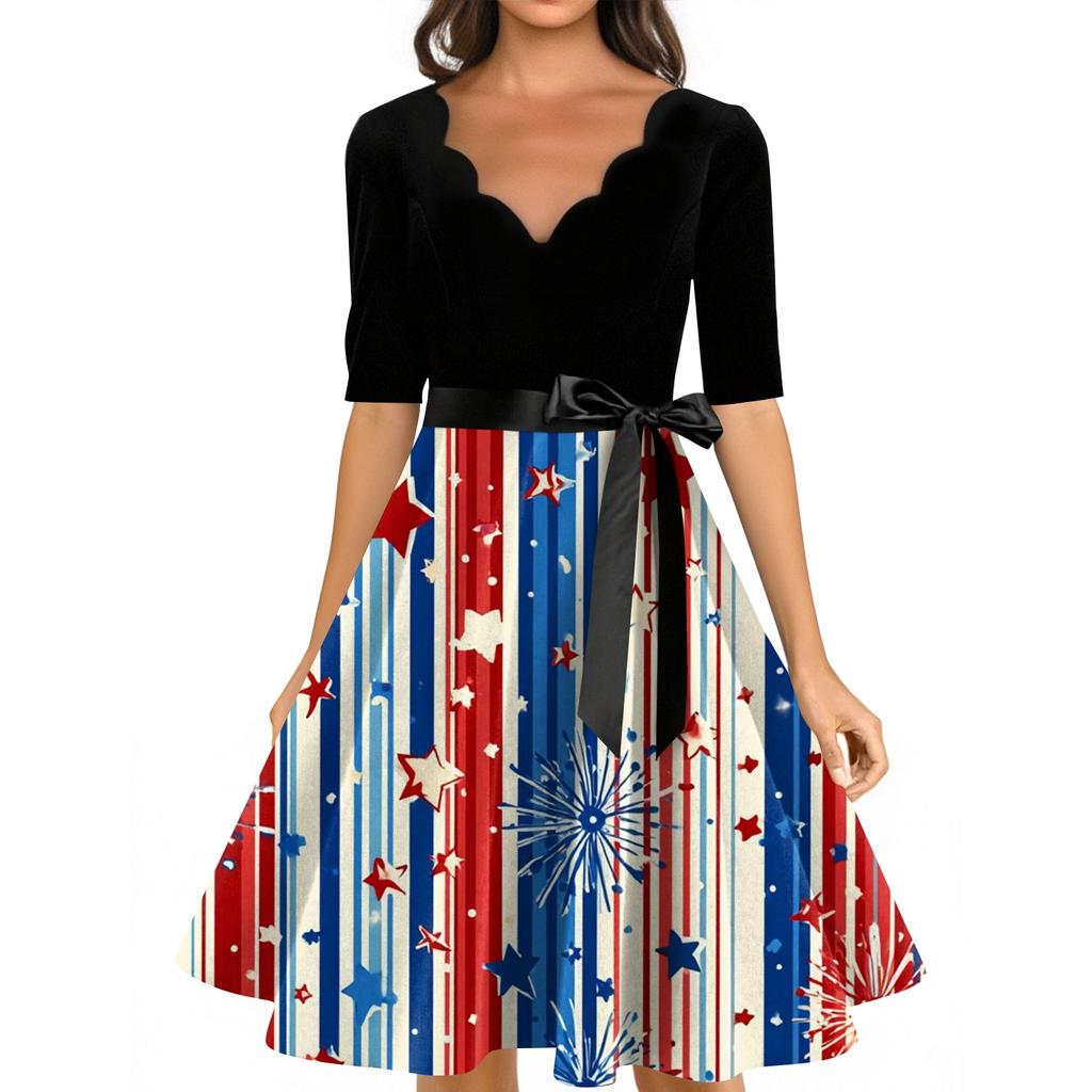 Women's Casual Fashion V-neck Retro Short-sleeved Dress With Flag Independence Day Print