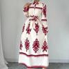 Fashion Vintage Long Sleeve Loose Casual Dresses Women Buttons Lapel A Line Printed Shirt Dress Women High Waist Lace-up Long Dress Spring New 25892