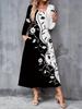 2025 Осень и Зима Новое Женское Повседневное Модное Платье 3D Ретро Принт с Узором Длинный Рукав V-образный Вырез А-силуэт Платья