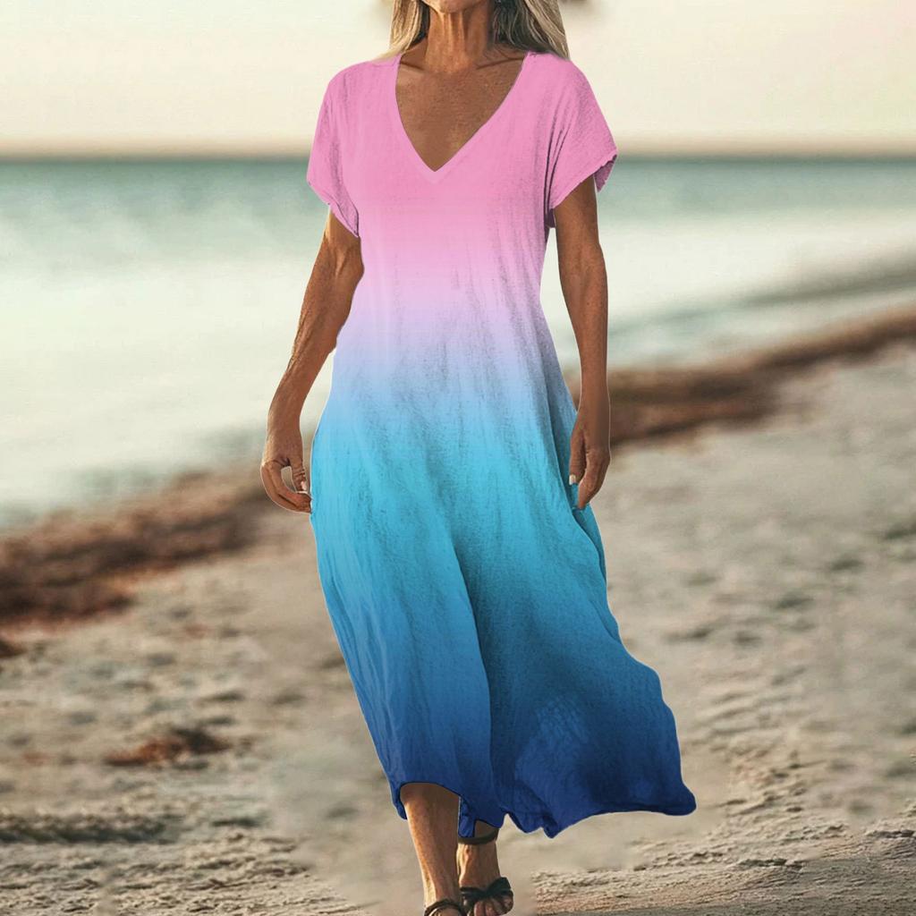 Women's Summer V-Neck Short Sleeve Cotton Linen Gradient Printed Loose Beach Dresses