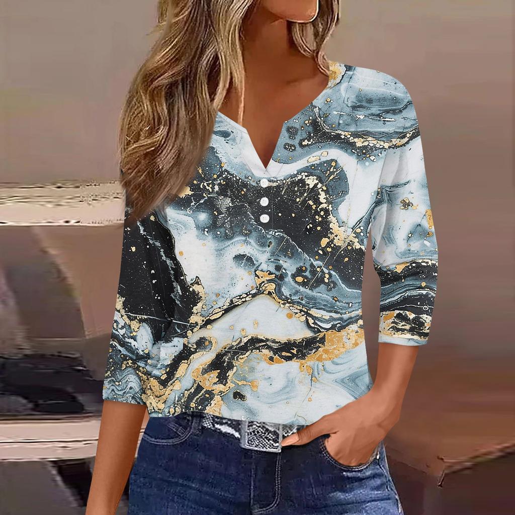 Women's T Shirt Tee Print Button 3/4 Sleeve Daily Weekend Fashion Basic V- Neck Regular Top