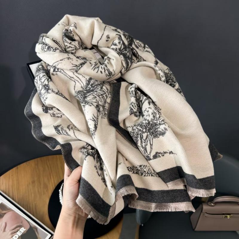 Winter Chinese Style New Retro Double-sided Printed Imitation Cashmere Scarf for Women, Thickened and Warm Versatile Shawl Wrap