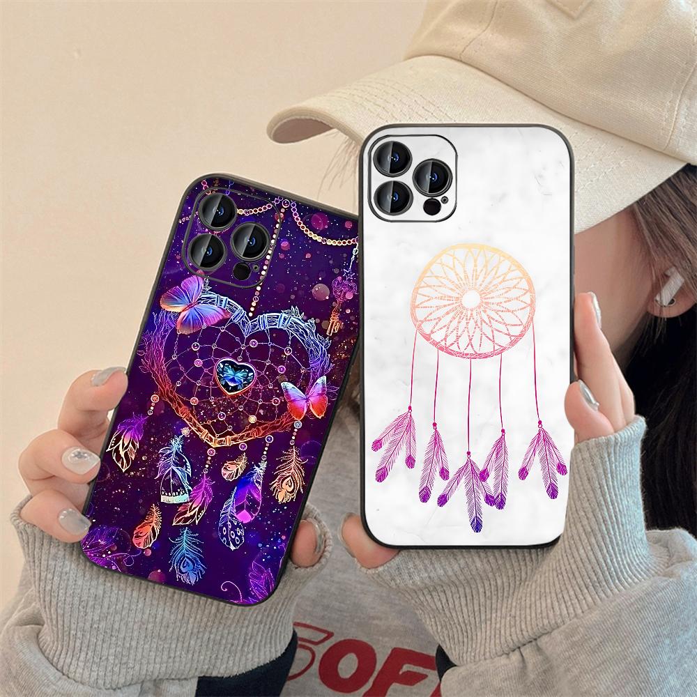 Retro Feather Dreamcatcher Phone Case For IPhone 16,15,14,13,12,11,XS,XR,X,8,7,Pro,Max,Plus,mini Silicone Black Cover