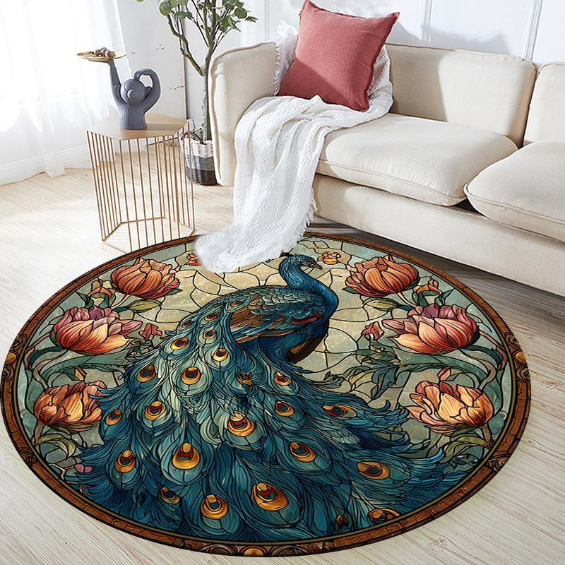 Stained Glass Peacock Round Area Rug,Carpet Rug for Living Room Bedroom Sofa Playroom Decor,Non-slip Floor Mat