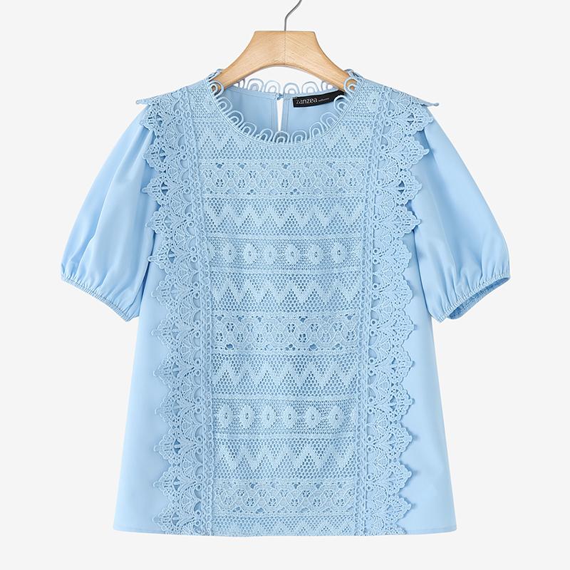 ZANZEA Женская повседневная блузка с круглым вырезом, коротким рукавом, свободного кроя, с лоскутным узором, связанным крючком