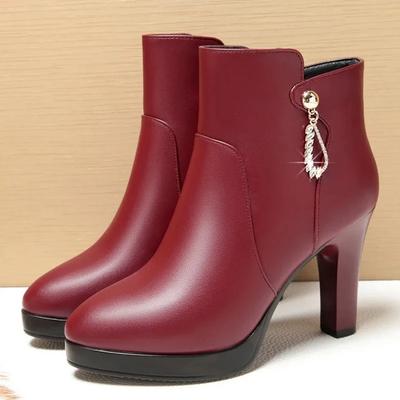 9 см Удобные туфли на блочном высоком каблуке, Ботильоны из мягкой кожи, Осень Зима 2025, Толстая подошва, Платформа, Ботильоны до щиколотки, Зимние ботинки, Плюш для мамы