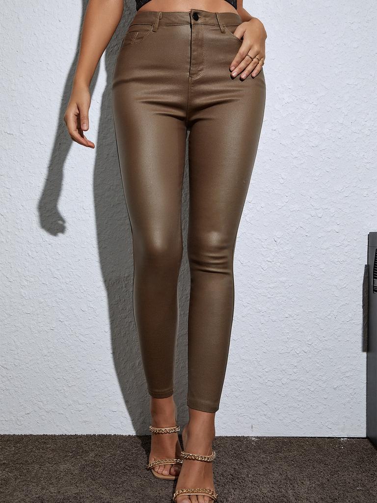 Rose Beauty A Women's High Waist PU Leather Leggings Slim Fit Versatile Daily Wear Trousers Leggings Pants