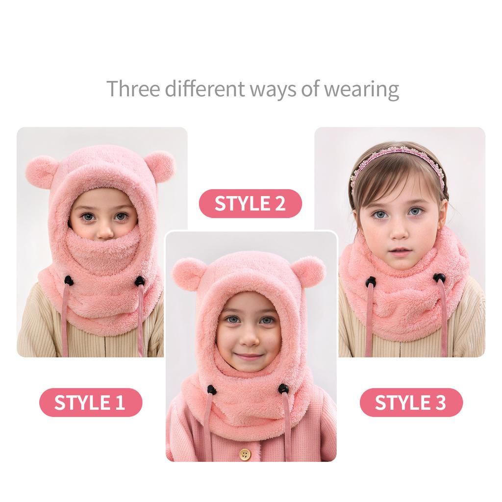 Детская зимняя балаклава с ушками животных и интегрированным шарфом для шеи
