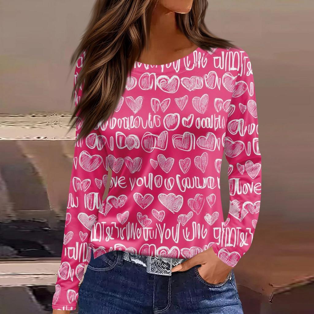 Women's Fashion Valentine's Day Printed Round Neck Casual Long Sleeve Top