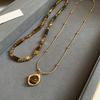 Fashionable Double Layer Collarbone Necklace Featuring Tigers Eye Stone Pendant in Vintage Styles for Trendy Women