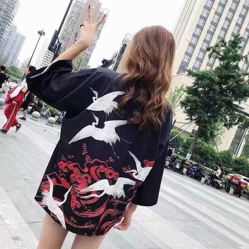 Женская и мужская летняя уличная одежда для пар, кимоно, кардиган, солнцезащитная одежда, японская длинная рубашка, одежда с узором «журавль», кимоно с разрезом, свободное