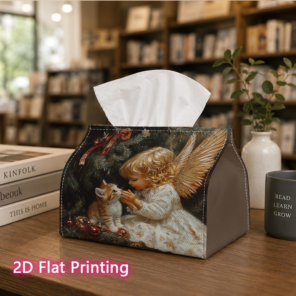 1pc, 2d Flat Printing, Tissue Box Christmas Angel and Kitten Pattern Printed Tissue Box, Suitable for Home Gatherings, Car Decorationr, Decorative Tis