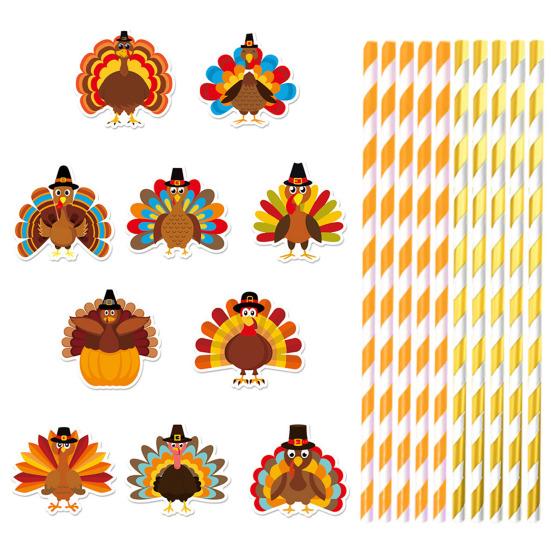 20 Pcs Thanksgiving Straw Easy Install Turkey Shaped Straw Insert Thanksgiving Drink Decorations for Fall Parties