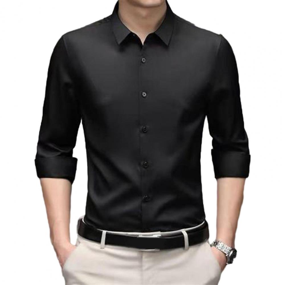 Мужская осенняя рубашка, формальная деловая рубашка, однотонная, с лацканами против морщин, однобортная, с длинными рукавами, облегающая, шелковистая, дышащая, мужская футболка