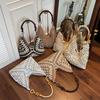 Woven Tote Bag For Women Summer Beach Fashion Large Capacity With Color Blocked Bead Decoration